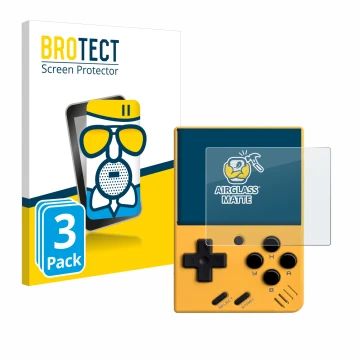 Front side of a product packaging with the brand logo BROTECT. Next to it is the device Miyoo Mini V4 shown with the correspon