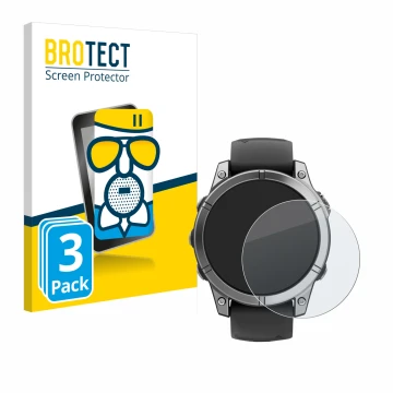 Front side of a product packaging with the brand logo BROTECT. Next to it is the device Garmin Fenix E shown with the correspo