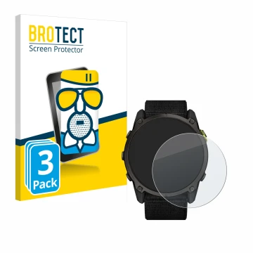 Front side of a product packaging with the brand logo BROTECT. Next to it is the device Garmin Enduro 3 shown with the corresp