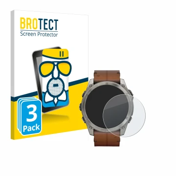 Front side of a product packaging with the brand logo BROTECT. Next to it is the device Garmin Fenix 8 AMOLED (51 mm) shown wi