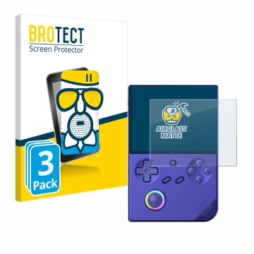 Front side of a product packaging with the brand logo BROTECT. Next to it is the device Anbernic RG40XXV shown with the corres