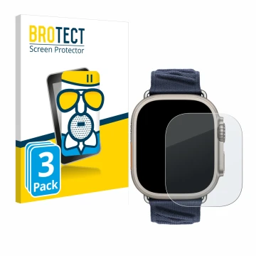 Front side of a product packaging with the brand logo BROTECT. Next to it is the device Apple Watch Hermès Ultra 2 shown with 