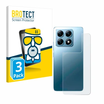 Front side of a product packaging with the brand logo BROTECT. Next to it is the device Xiaomi 14T Pro (Back) shown with the c