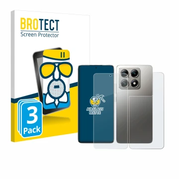 Front side of a product packaging with the brand logo BROTECT. Next to it is the device Xiaomi 14T Pro (Front+Back) shown with