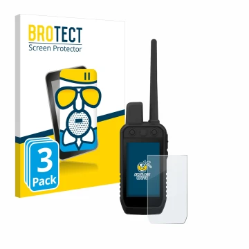 Front side of a product packaging with the brand logo BROTECT. Next to it is the device Garmin Alpha 300 K shown with the corr