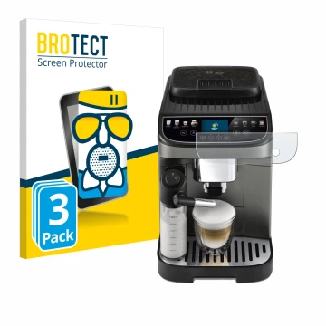Front side of a product packaging with the brand logo BROTECT. Next to it is the device DeLonghi Magnifica Evo Next shown with