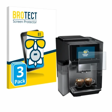 Front side of a product packaging with the brand logo BROTECT. Next to it is the device Siemens EQ700 shown with the correspon
