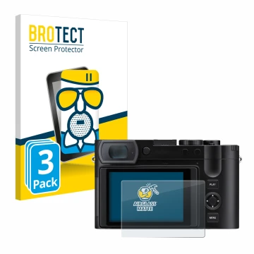 Front side of a product packaging with the brand logo BROTECT. Next to it is the device Leica Q3 43 shown with the correspondi