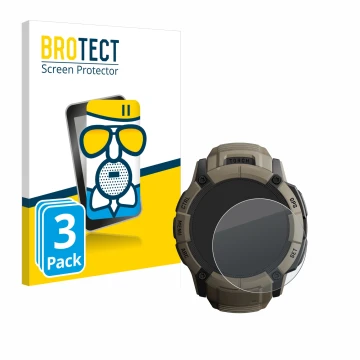 Front side of a product packaging with the brand logo BROTECT. Next to it is the device Garmin Instinct 2X Solar Tactical Edit