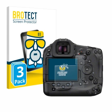 Front side of a product packaging with the brand logo BROTECT. Next to it is the device Canon EOS R1 shown with the correspond
