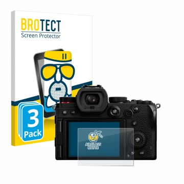 Front side of a product packaging with the brand logo BROTECT. Next to it is the device Panasonic Lumix DC-S5D shown with the 