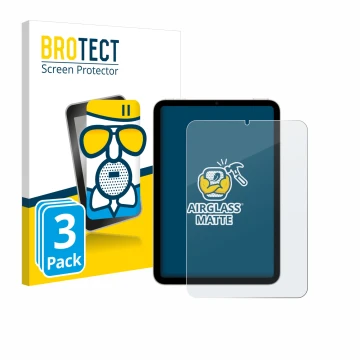 Front side of a product packaging with the brand logo BROTECT. Next to it is the device Apple iPad Mini 7 2024 shown with the 