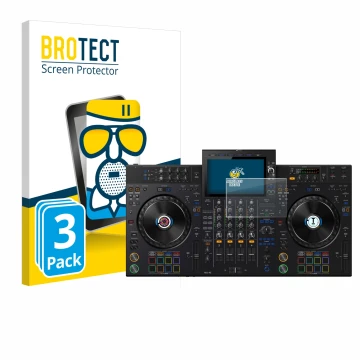 Front side of a product packaging with the brand logo BROTECT. Next to it is the device AlphaTheta XDJ-AZ shown with the corre
