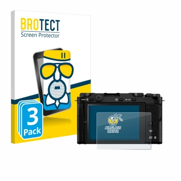 Front side of a product packaging with the brand logo BROTECT. Next to it is the device Fujifilm X-M5 shown with the correspon