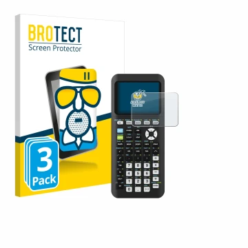 Front side of a product packaging with the brand logo BROTECT. Next to it is the device Texas Instruments TI-84 Plus CE-T Pyth