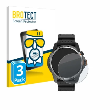 Front side of a product packaging with the brand logo BROTECT. Next to it is the device Mobvoi Ticwatch Atlas shown with the c