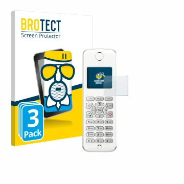 Front side of a product packaging with the brand logo BROTECT. Next to it is the device AVM Fritz!Fon M2 shown with the corres