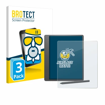 Front side of a product packaging with the brand logo BROTECT. Next to it is the device Amazon Kindle Scribe 2024 shown with t