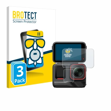 Front side of a product packaging with the brand logo BROTECT. Next to it is the device Insta360 Ace Pro 2 shown with the corr