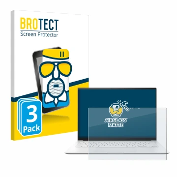 Front side of a product packaging with the brand logo BROTECT. Next to it is the device ASUS ZenBook S 14 UX5406 shown with th