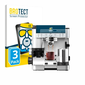 Front side of a product packaging with the brand logo BROTECT. Next to it is the device Ninja Luxe Cafe Premier ES601EU shown 