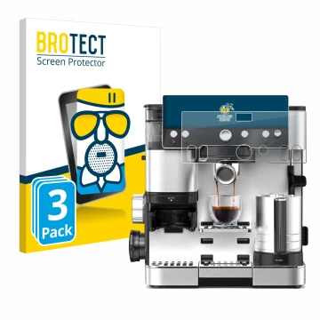 Front side of a product packaging with the brand logo BROTECT. Next to it is the device Ninja Luxe Cafe Essential shown with t