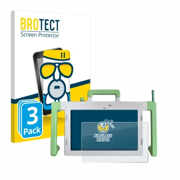 Front side of a product packaging with the brand logo BROTECT. Next to it is the device Telemarie Tablet 10.1