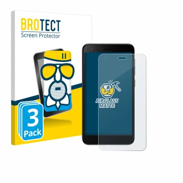 Front side of a product packaging with the brand logo BROTECT. Next to it is the device ZTE Blade A35 lite shown with the corr