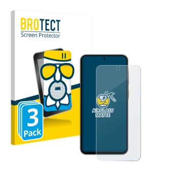 Front side of a product packaging with the brand logo BROTECT. Next to it is the device Samsung Galaxy A36 5G shown with the c