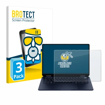 Front side of a product packaging with the brand logo BROTECT. Next to it is the device HP OmniBook Ultra Flip 14-fh shown wit