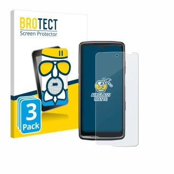Front side of a product packaging with the brand logo BROTECT. Next to it is the device Crosscall Stellar M6 shown with the co