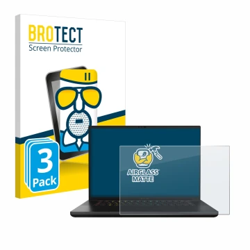 Front side of a product packaging with the brand logo BROTECT. Next to it is the device Razer Blade 16 2024 shown with the cor