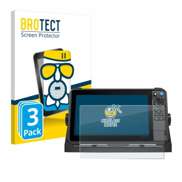 Front side of a product packaging with the brand logo BROTECT. Next to it is the device Lowrance HDS-9 Pro shown with the corr
