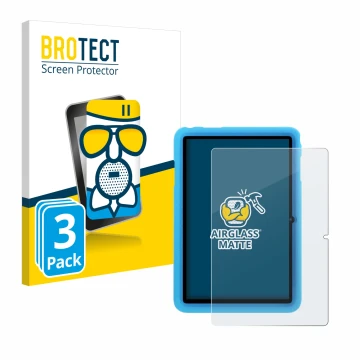Front side of a product packaging with the brand logo BROTECT. Next to it is the device Blackview Tab 8 Kids shown with the co