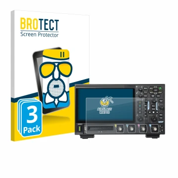Front side of a product packaging with the brand logo BROTECT. Next to it is the device Rigol DHO914 shown with the correspond