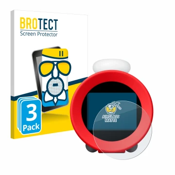 Front side of a product packaging with the brand logo BROTECT. Next to it is the device Nintendo Sound Clock Alarmo shown with