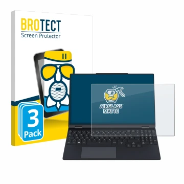 Front side of a product packaging with the brand logo BROTECT. Next to it is the device Tuxedo InfinityBook Pro 15 Gen 9 shown