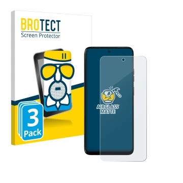 Front side of a product packaging with the brand logo BROTECT. Next to it is the device Motorola Moto G05 shown with the corre