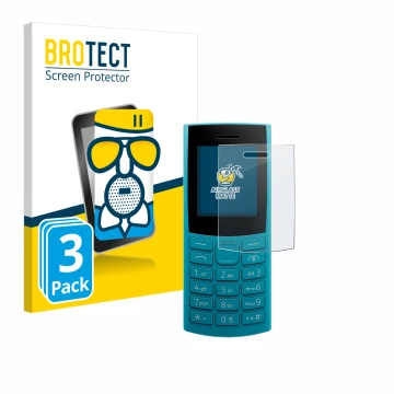 Front side of a product packaging with the brand logo BROTECT. Next to it is the device Nokia 105 4G 2nd Edition shown with th