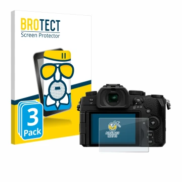 Front side of a product packaging with the brand logo BROTECT. Next to it is the device Panasonic Lumix DC-G97 shown with the 
