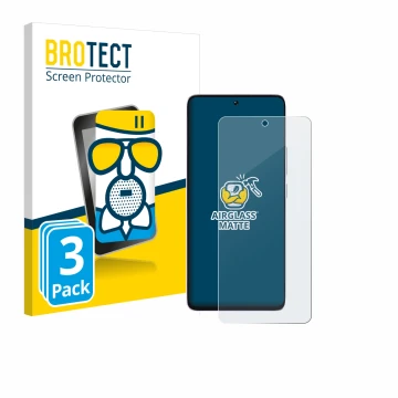 Front side of a product packaging with the brand logo BROTECT. Next to it is the device Xiaomi Poco M7 Pro shown with the corr