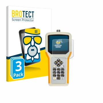 Front side of a product packaging with the brand logo BROTECT. Next to it is the device RigExpert AA-55 Zoom shown with the co