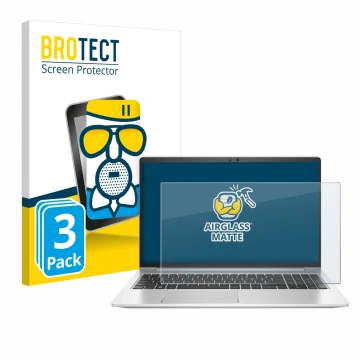Front side of a product packaging with the brand logo BROTECT. Next to it is the device HP EliteBook 650 G10 shown with the co