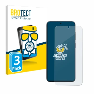 Front side of a product packaging with the brand logo BROTECT. Next to it is the device Samsung Galaxy S25 Plus shown with the