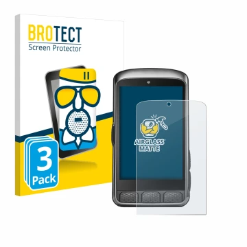 Front side of a product packaging with the brand logo BROTECT. Next to it is the device Wahoo Elemnt ACE shown with the corres