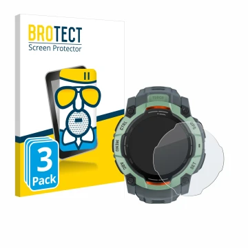 Front side of a product packaging with the brand logo BROTECT. Next to it is the device Garmin Instinct 3 AMOLED (50 mm) shown