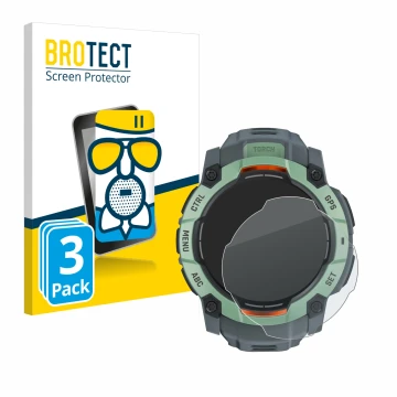 Front side of a product packaging with the brand logo BROTECT. Next to it is the device Garmin Instinct 3 AMOLED (45 mm) shown