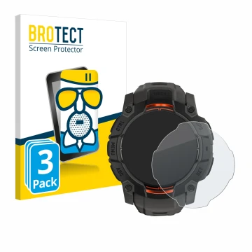 Front side of a product packaging with the brand logo BROTECT. Next to it is the device Garmin Instinct 3 Solar (45 mm) shown 