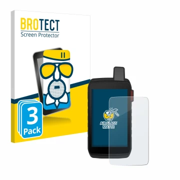 Front side of a product packaging with the brand logo BROTECT. Next to it is the device Garmin Montana 710i shown with the cor