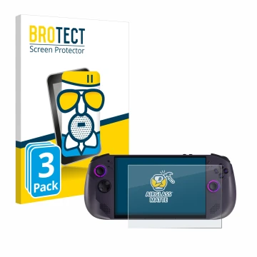 Front side of a product packaging with the brand logo BROTECT. Next to it is the device Lenovo Legion Go S shown with the corr